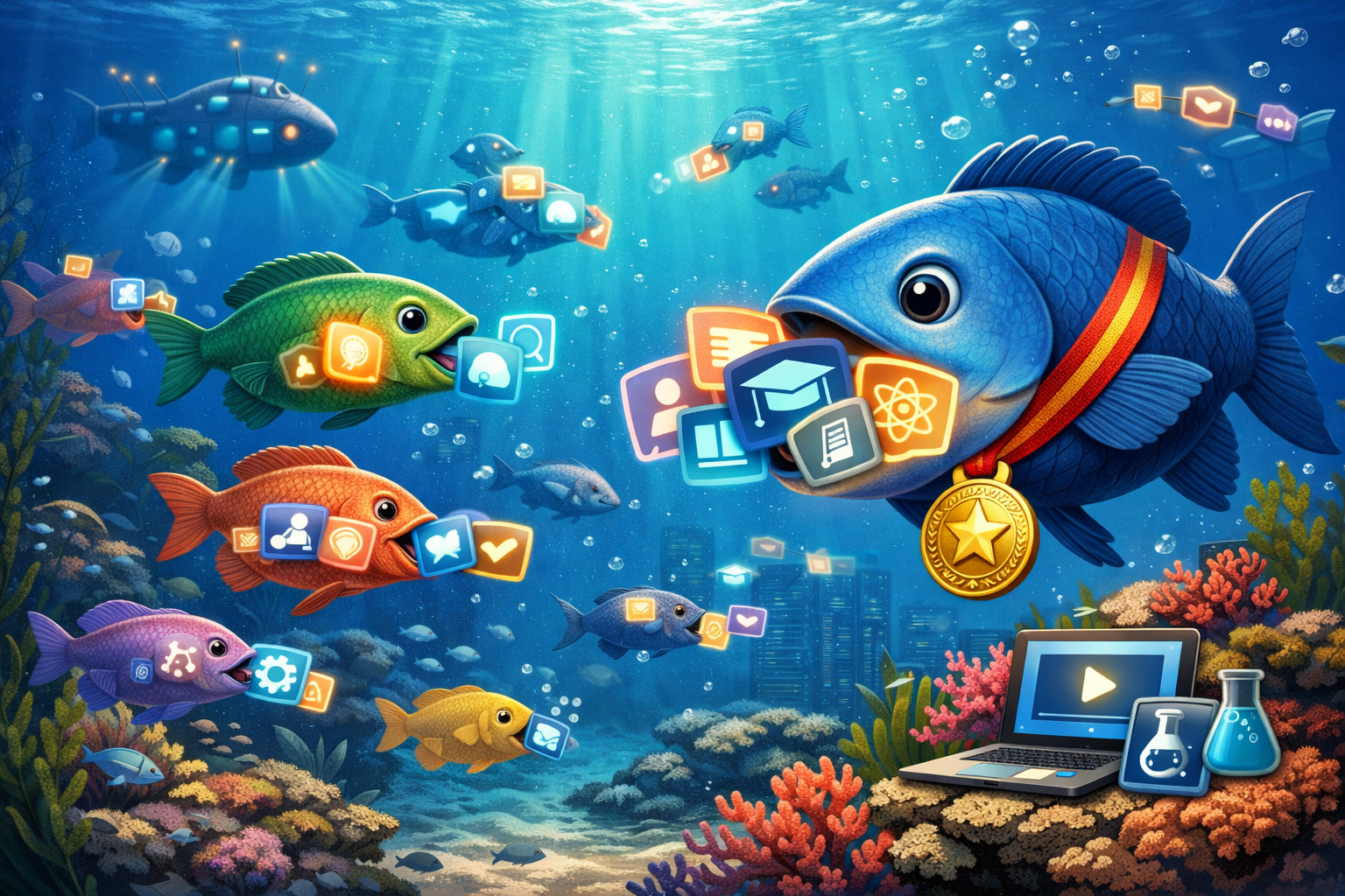 Illustration av fiskar som snappar upp informationsbitar och en medalj för den som samlar mest.